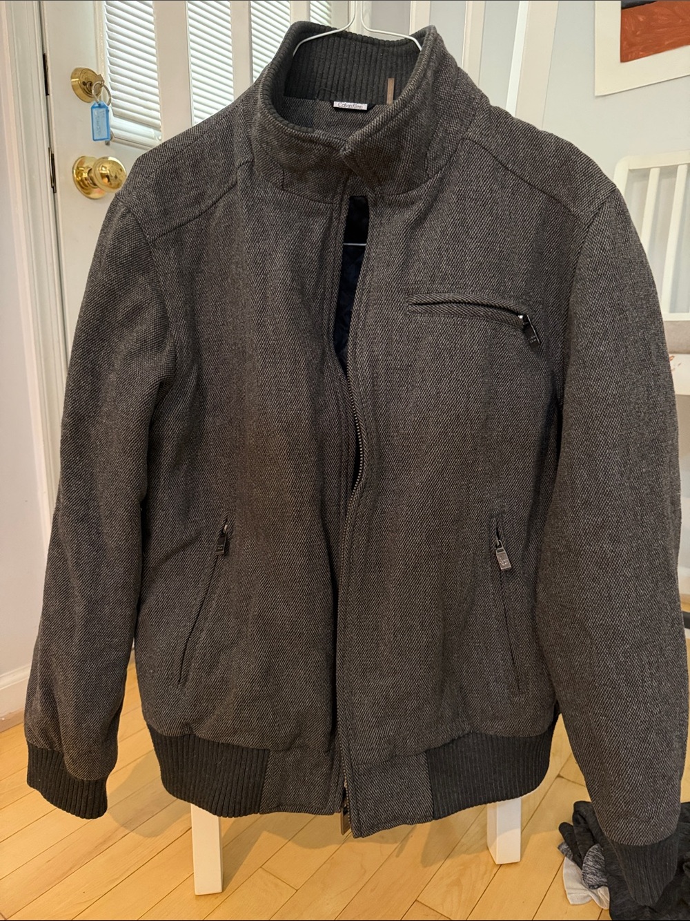 Calvin Klein Gray Herringbone Zip-Up Bomber Jacket
